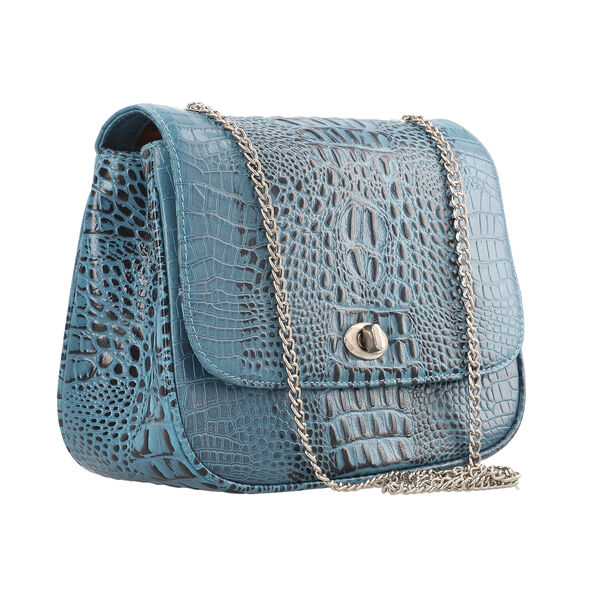 Umhängetasche aus echtem Leder mit Kroko-Prägung und Kettenriemen, Blau image number 3