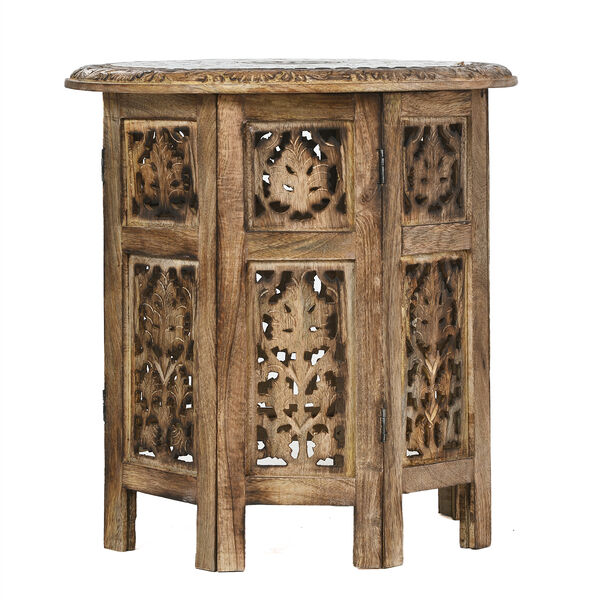 NAKKASHI - Handgefertigter Couchtisch aus Mangoholz mit Metallpr&auml;gung, Burn-Finish und kunstvoller Schnitzerei, ca. 45x45x45cm, Natur image number 3