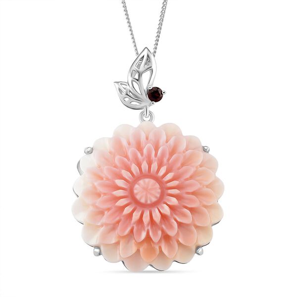 D'Joy Nat&uuml;rlicher Rosa K&ouml;nigsmuschel Perle, Roter Granat Schmuckset ca. 45 cm 925 Silber rhodiniert