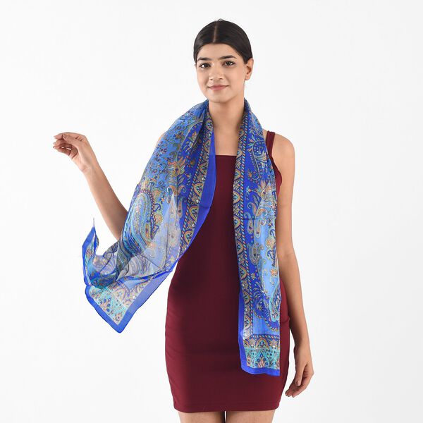 100% Seidenschal, bedruckt mit Paisleymuster, 50x160cm, Blau image number 3