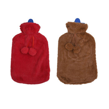 2er-Set W&auml;rmflasche mit superweichem Kunstfell Pl&uuml;schbezug, 2000ml, Gr&ouml;&szlig;e 18x32 cm, Rot und Braun