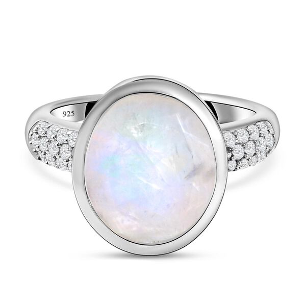 Premium Regenbogen Mondstein und wei&szlig;er Zirkon-Ring, 925 Silber platiniert  ca. 4,70 ct