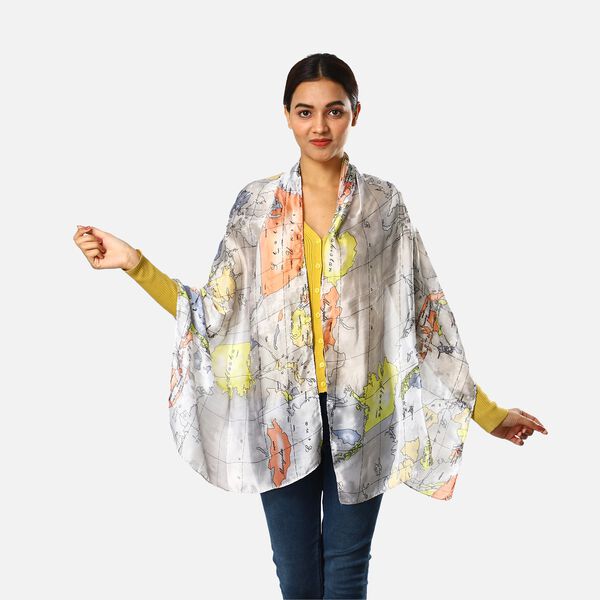 100% nat&uuml;rlicher Satin Seiden Schal, Weltkarte Muster, Wei&szlig;
