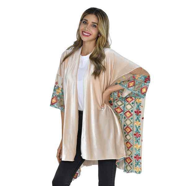 TAMSY - Kimono aus Samt mit Blumenstickerei, Einheitsgr&ouml;&szlig;e Beige image number 3