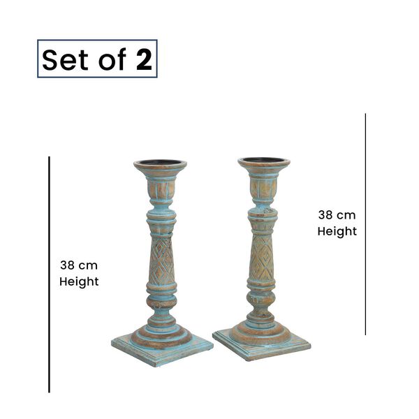 Set aus 2 antiken geschnitzten Holzkerzenhaltern mit quadratischem St&auml;nder, 38cm, Altblau image number 7