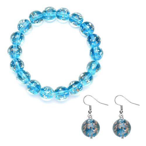 2er Set - Murano-Glasperlen Design, flexibles Armband und Ohrringe, Reiner Edelstahl, Hellblau image number 0