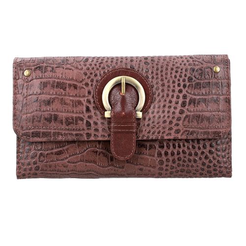 Echtleder Portemonnaie mit Krokoprägung und RFID-Schutz, 19,5x11,45 cm, braun image number 0