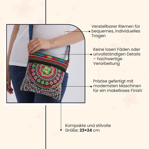 Crossbody-Tasche mit floraler Stickerei, ethnischem Boho-Muster, 23×24 cm, Schwarz mit Lila-Motiven image number 3