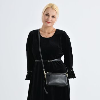 Echtleder Crossbody Tasche, mehrere Rei&szlig;verschlussf&auml;cher, verstellbarer Schulterriemen, 21,5x4x13cm, Schwarz