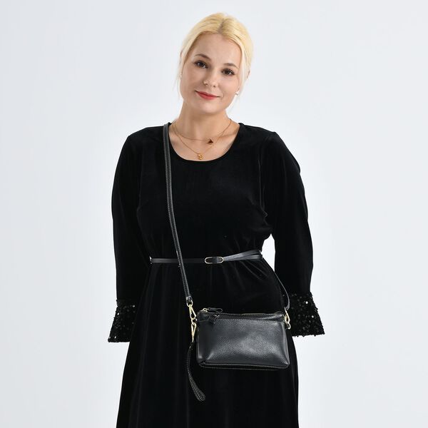Echtleder Crossbody Tasche, mehrere Rei&szlig;verschlussf&auml;cher, verstellbarer Schulterriemen, 21,5x4x13cm, Schwarz image number 3