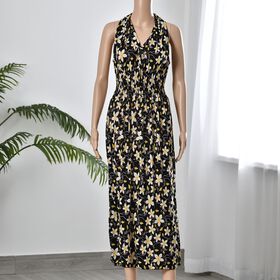 Maxikleid mit gesmokter Taille, Gelb und schwarz