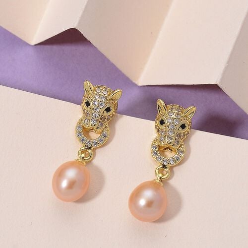 Pfirsich-Süßwasser Perle, Zirkonia Ohrringe Messing 13.50 ct image number 1