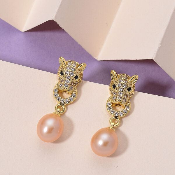 Pfirsich-Süßwasser Perle, Zirkonia Ohrringe Messing 13.50 ct image number 2