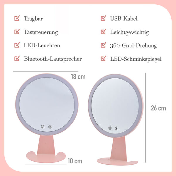 LED-Schminkspiegel mit Bluetooth-Audio und USB-Ladekabel, Rosa image number 3