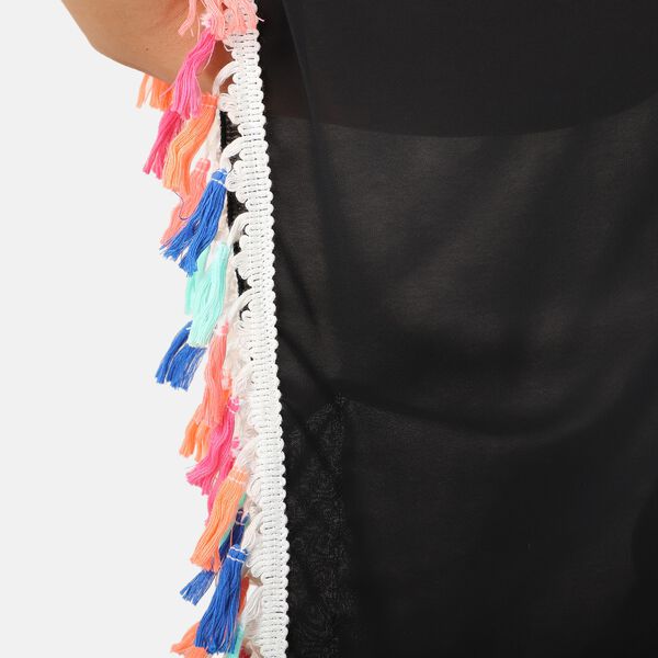 Chiffon Kimono mit mehrfarbigen Quasten, Schwarz image number 4