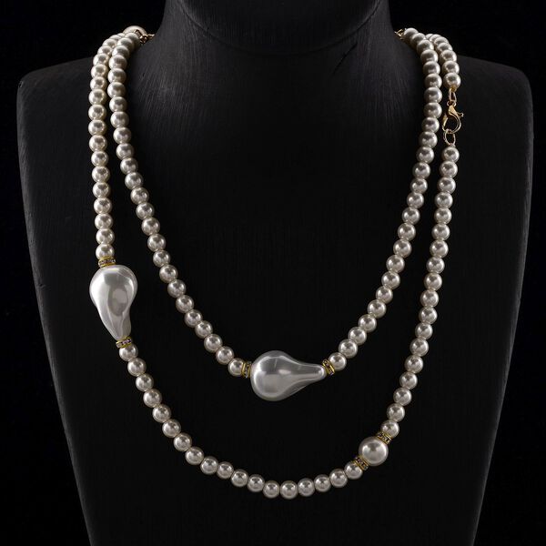 3er Set Wei&szlig;e Muschelkernperlen-Schmuckst&uuml;cke, bestehend aus Armband (ca. 19 cm) und zwei Halsketten (ca. 40 cm und 50 cm), gelb vergoldet image number 2