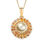 D joy AA Goldene Südsee Perle, Gelber Saphir Anhänger mit Kette, ca. 9-11mm, 925 Silber 750 Gelbgold Vermeil