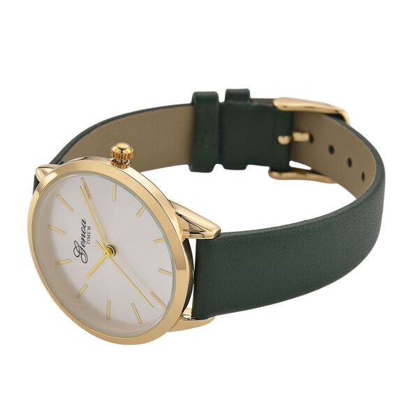 GENOA TIME V2 - Quarzuhr mit japanischem PC21S Werk, weißem Zifferblatt und grünem Lederarmband, goldfarbenem Gehäuse, 3 ATM wasserdicht image number 5