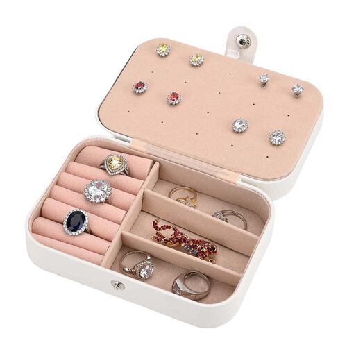 "1 Jewelry box + 10 pcs Silver polish cloth  PU Jewelry Organizer with button Closure  (6.75""x 4.5""x2"") ,16.5x11.5x5.5cm, (Hold Upto 5 Hooks, 10 Pairs of Ear Nails, 6 Rings Slot, 20 Earrings Hole) material:PU Color:Cream  10pcs Anti Tarnish Silver Poli image number 0