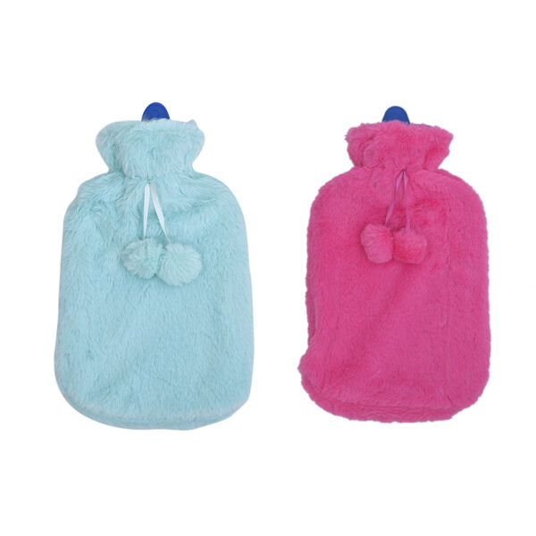 2er-Set W&auml;rmflasche mit superweichem Kunstfell Pl&uuml;schbezug, 2000ml, Gr&ouml;&szlig;e 18x32 cm, Blau und Rosa image number 0