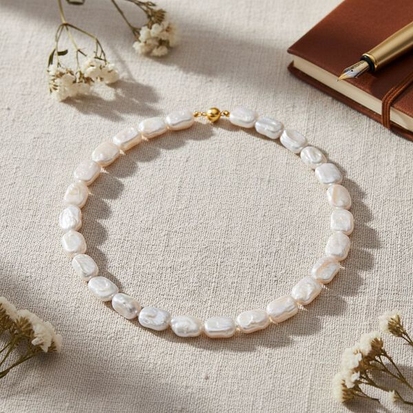 D'Joy Weiße Keshi Perle Halskette ca. 50 cm 925 Silber vergoldet image number 1