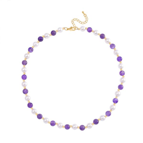 Afrikanischer Amethyst, Wei&szlig;e Muschelkernperle (7-9 mm) Halskette ca. 45 cm+ 5 cm Extender, gelb vergoldet image number 2