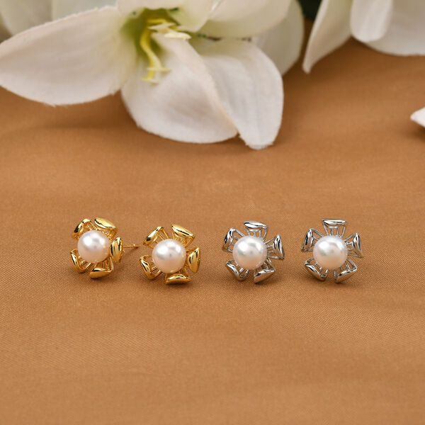 2er Set - Wei&szlig;e S&uuml;&szlig;wasser Perle Ohrringe, Nickelfreies Messing, Goldfarben, Silberfarben image number 2