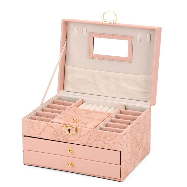 3-lagige PU Schmuckk&auml;stchen mit gepr&auml;gtem Blumenmuster, 22x17x13 cm, Rosa image number 5