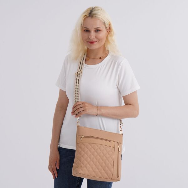 Crossbody-Tasche mit Steppmuster und Schultergurt, 3 Rei&szlig;verschlussf&auml;cher, 21x13x7,5cm, Beige image number 2