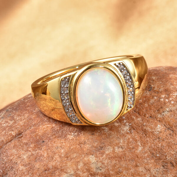 Nat&uuml;rlicher &Auml;thiopischer Opal und Zirkon Ring 925 Silber Gelbgold Vermeil image number 2