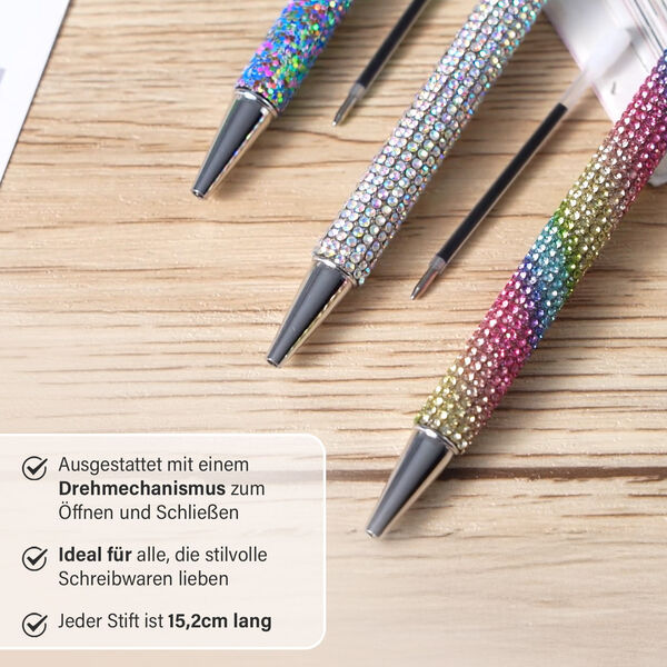 3er-Set Kugelschreiber mit Strassverzierung und Diamantspitze, inkl. 3 blauen Minen, 15cm, Mehrfarbig image number 3