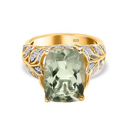 Prasiolith, Wei&szlig;er Zirkon Ring, 925 Silber vergoldet (Gr&ouml;&szlig;e 19.00) ca. 6.52 ct