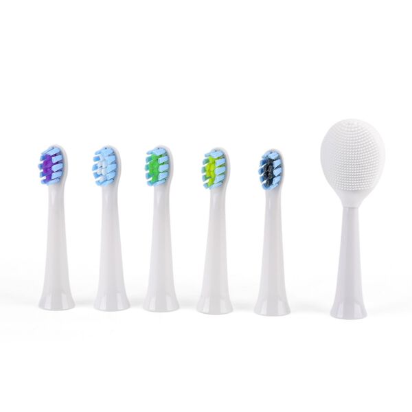 Set of 6pcs replacement head - white 5PCS Nylon Brush+1PC Silicone Brush   Size: Nylon Brush:8*2cm; Silicone Brush:9.5*2cm                                   Weight: 40g Material: ABS