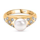 D'Joy Süßwasser Perle, Weißer Zirkon Ring 925 Silber 750 Gelb Vergoldet (Größe 17.00) 3.32 ct