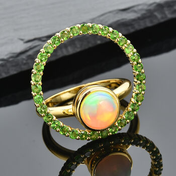 Nat&uuml;rlicher, &auml;thiopischer Opal und nat&uuml;rlicher Chromdiopsid-Ring, 925 Silber vergoldet  ca. 2,65 ct