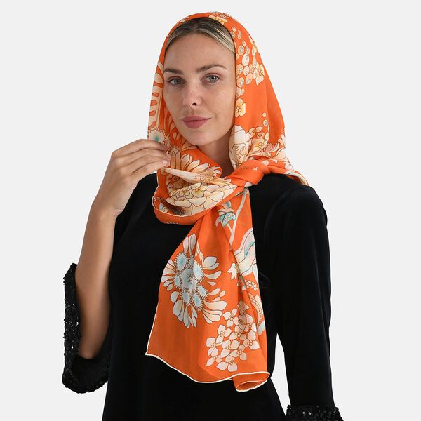 LA MAREY Signature Seidenschal aus 100% Maulbeerseide, 55 x 170 cm, Orange Floral image number 3