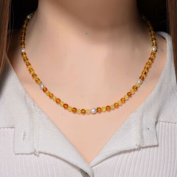 Wei&szlig;e S&uuml;&szlig;wasser Perle und Bernstein Halskette, 50+5cm