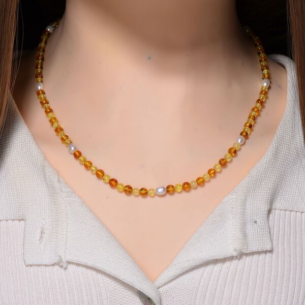 Weiße Süßwasser Perle und Bernstein Halskette, 50+5cm image number 2