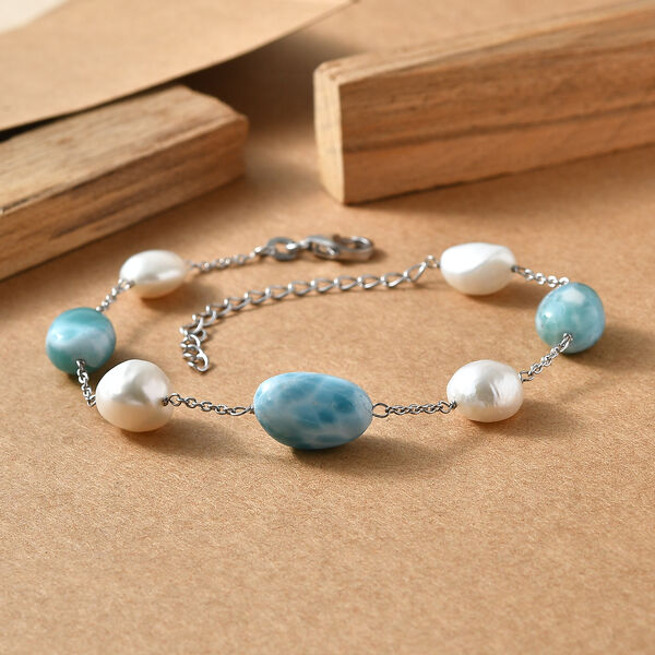 D'Joy S&uuml;&szlig;wasser Perle, Larimar Armband ca. 19 cm 925 Silber Rhodiniert