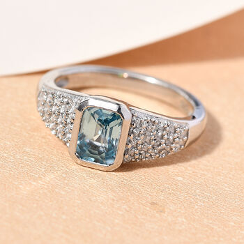 Kambodschanischer blauer und Wei&szlig;er Zirkon Ring 925 Silber platiniert