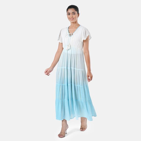 Maxikleid aus Viskose-Crepe mit Lurex Ombre-Schal mit Quasten aus Poly-Seide-Modal und Crossbody Tasche Mintgrün image number 2