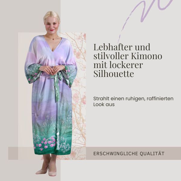Kimono mit Gürtel, Baumblütenmuster, 128×78 cm, Fliedergrün image number 2