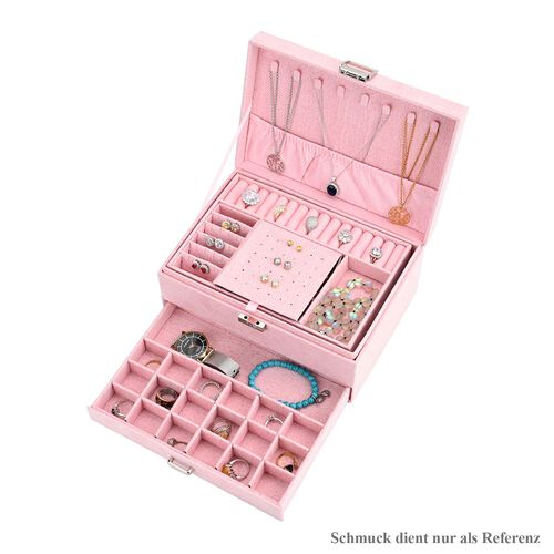 Samt-Schmuckkästchen, 3-lagig mit Schublade und Schloss, 24.5x17x11.5cm, Rosa image number 0