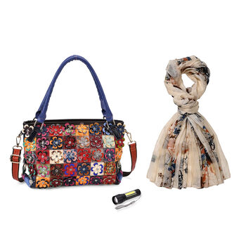 Chaos by Elsie Echtleder Crossbody Tasche im Quadrat-Blumendesign mit RFID-Schutz und Mini-Taschenlampe und LA MAREY Schal aus 100% Maulbeerseide