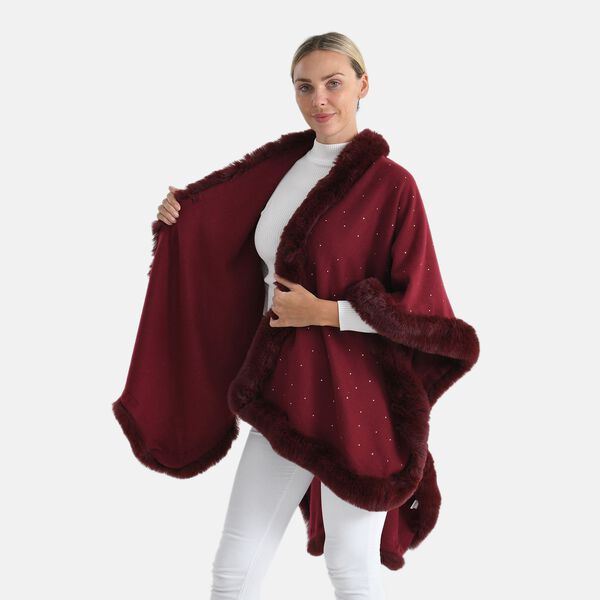 LA MAREY Poncho mit Kunstfellbesatz und Kristall-Detail, Rot, Einheitsgr&ouml;&szlig;e image number 6