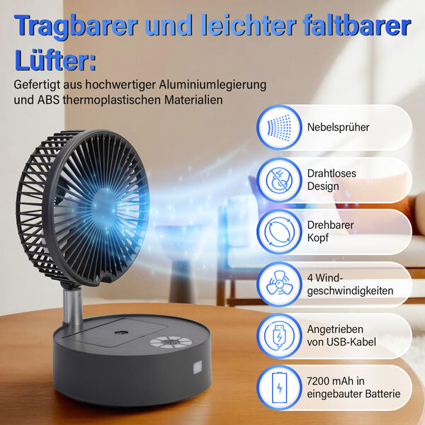 Kabelloser, faltbarer Ventilator mit integriertem Luftbefeuchter, USB-Anschluss, Dunkelgrau image number 1