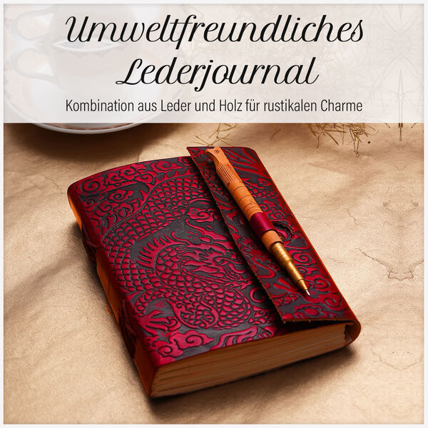 Echtlederbuch mit Drachen Design und Holzstift image number 4