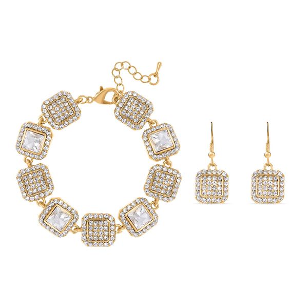 2er Set - Weißer Kristall Armband und Ohrringe, goldfarben image number 0