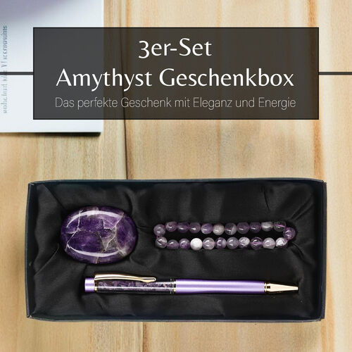 3er Exklusives Geschenkset – Amethyst: Handschmeichler, Armband und Kugelschreiber mit Kristallkugel image number 1
