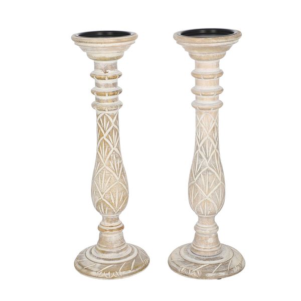 Set aus 2 antiken geschnitzten Holzkerzenhaltern mit rundem Ständer, 38cm, Altweiß image number 4